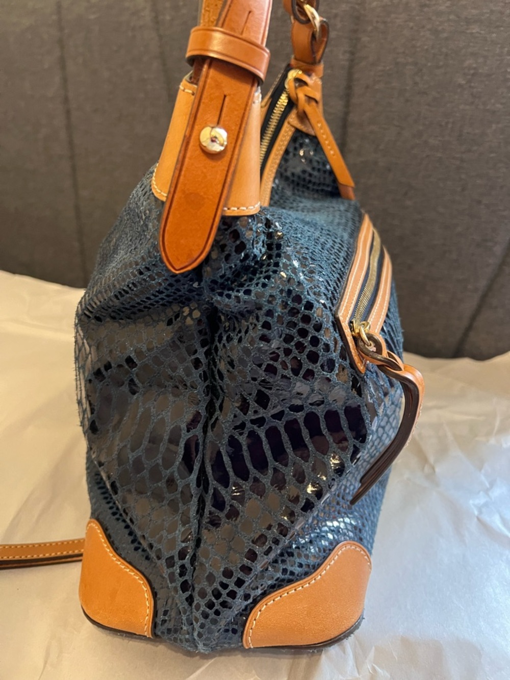 Dooney & Bourke Navy Snake-Embossed Leather Shoulder Bag with Tan Trim - Picture 6 of 9